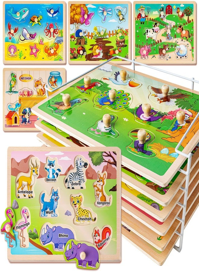 SYNARRY Wooden Puzzles for Toddlers 1-3, 6XSET Animals Puzzles for Toddlers 2-4 with Rack, Toddler Puzzles Ages 2-4, Toddler Valentines Day Easter Basket Stuffers Gifts Toys for Boys Girls - Image 1